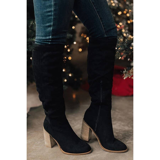 SUEDE CHUNKY HEEL KNIGHT BOOTS - BLACK