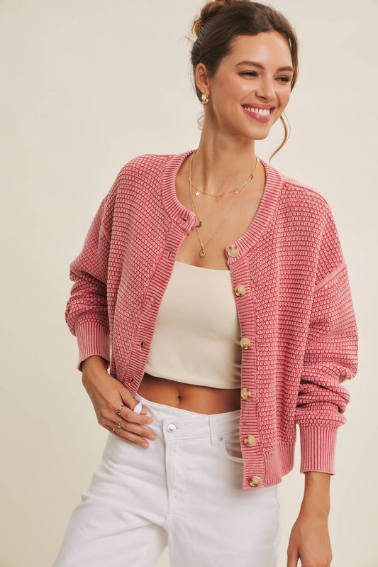 PERFECT FOR ANY SEASON MINERAL-WASHED CABLE KNIT CARDIGAN: PALE MAUVE / S