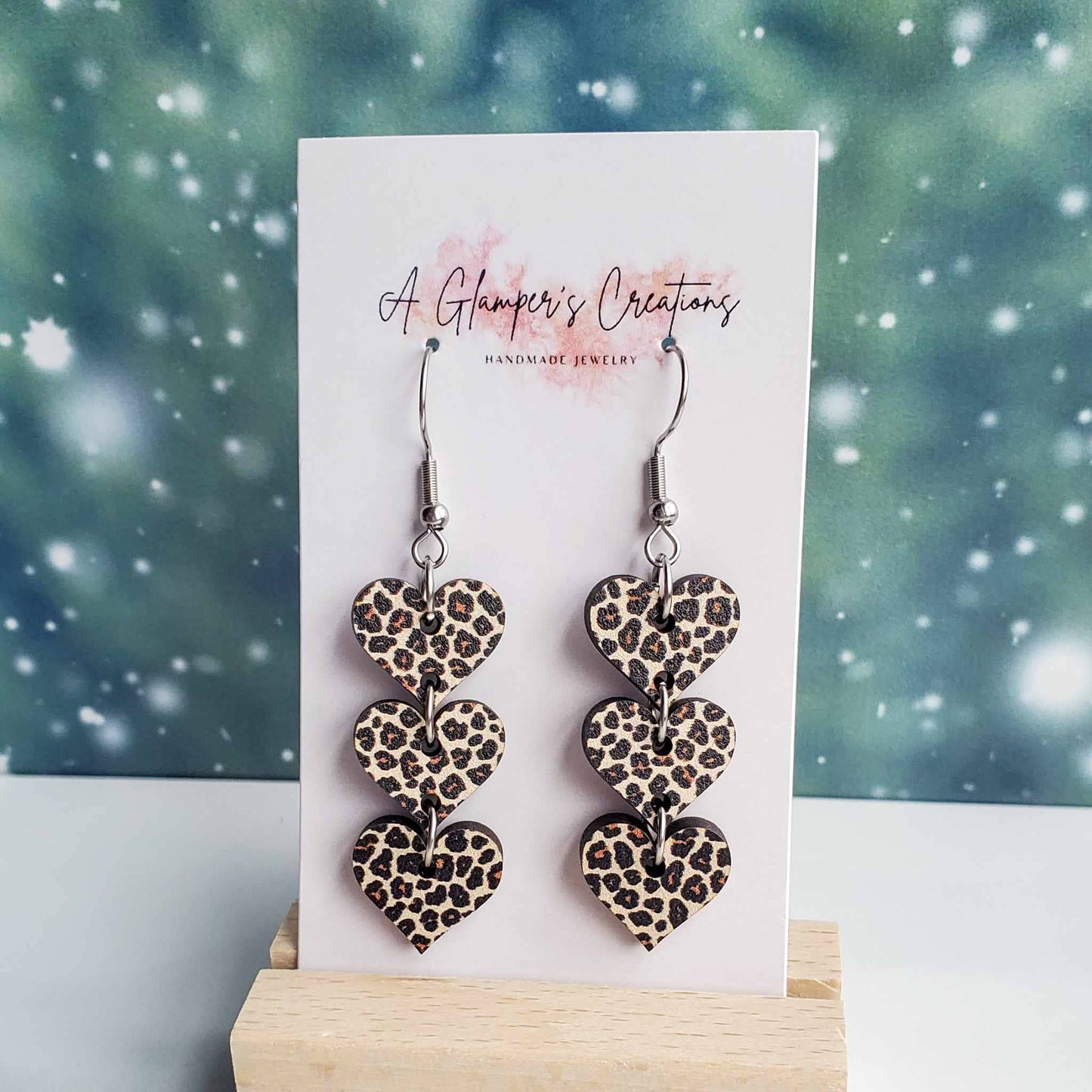 LEOPARD PRINTED TRIPLE HEART DANGLE EARRINGS