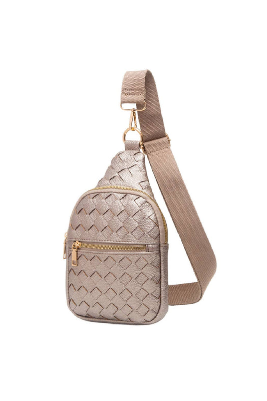 Woven Vegan Leather Sling Bag: Gold