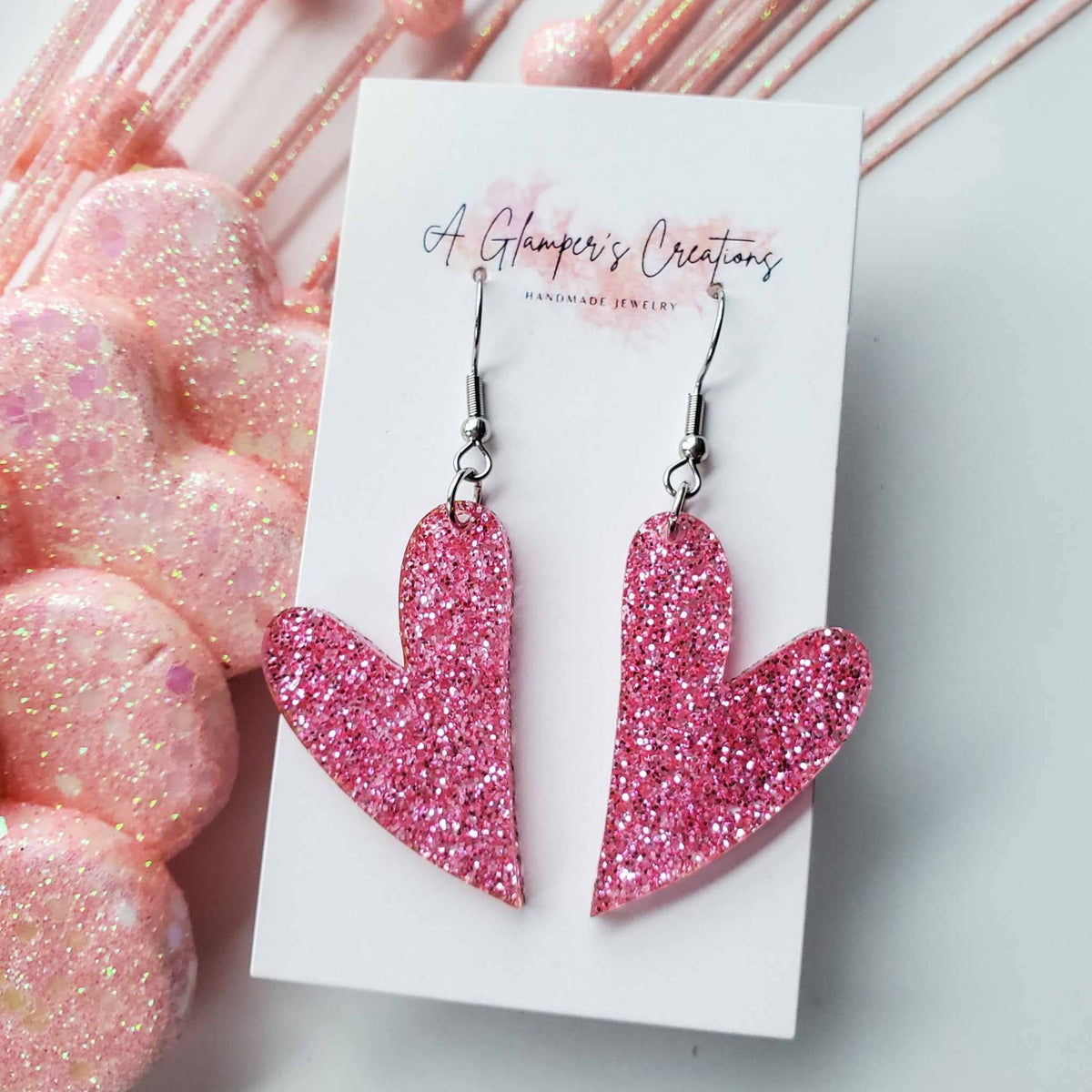 PINK GLITTER WHIMSY HEART EARRINGS