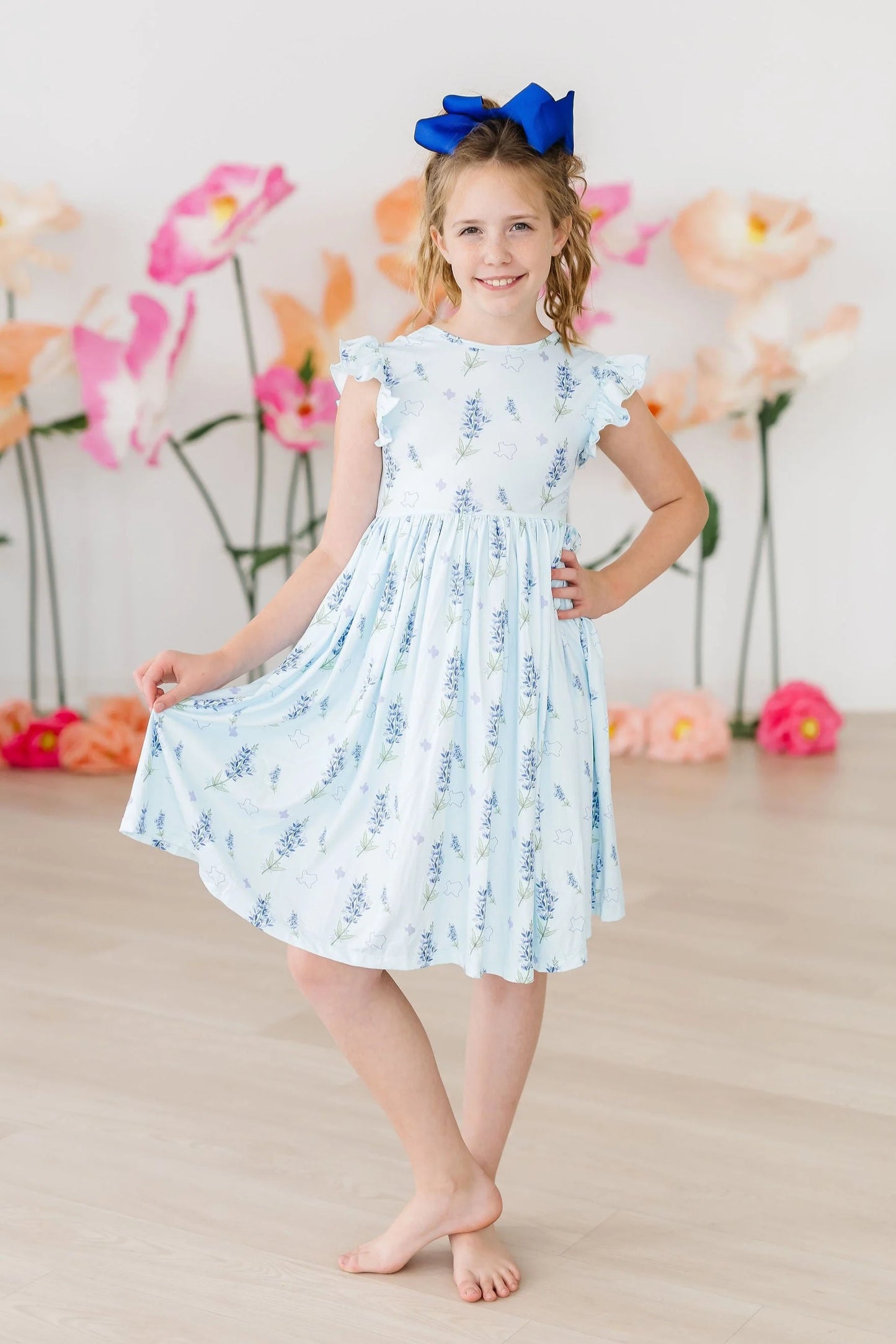 EVIANNA FLUTTER SLEEVE TWIRL DRESS. - TEXAS BLUEBONNETS