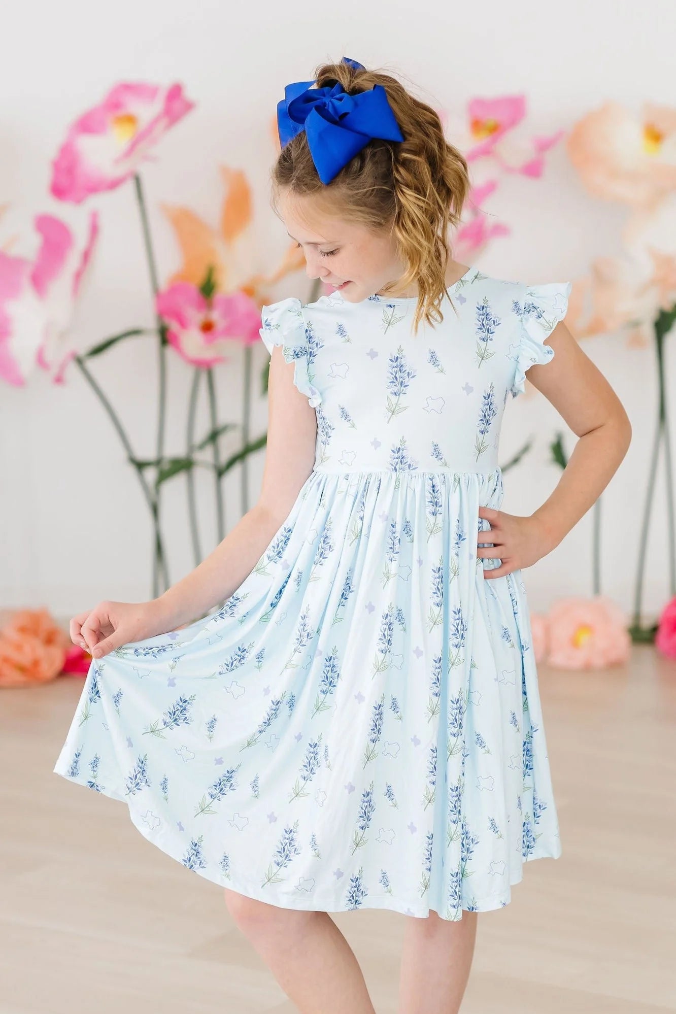 EVIANNA FLUTTER SLEEVE TWIRL DRESS. - TEXAS BLUEBONNETS