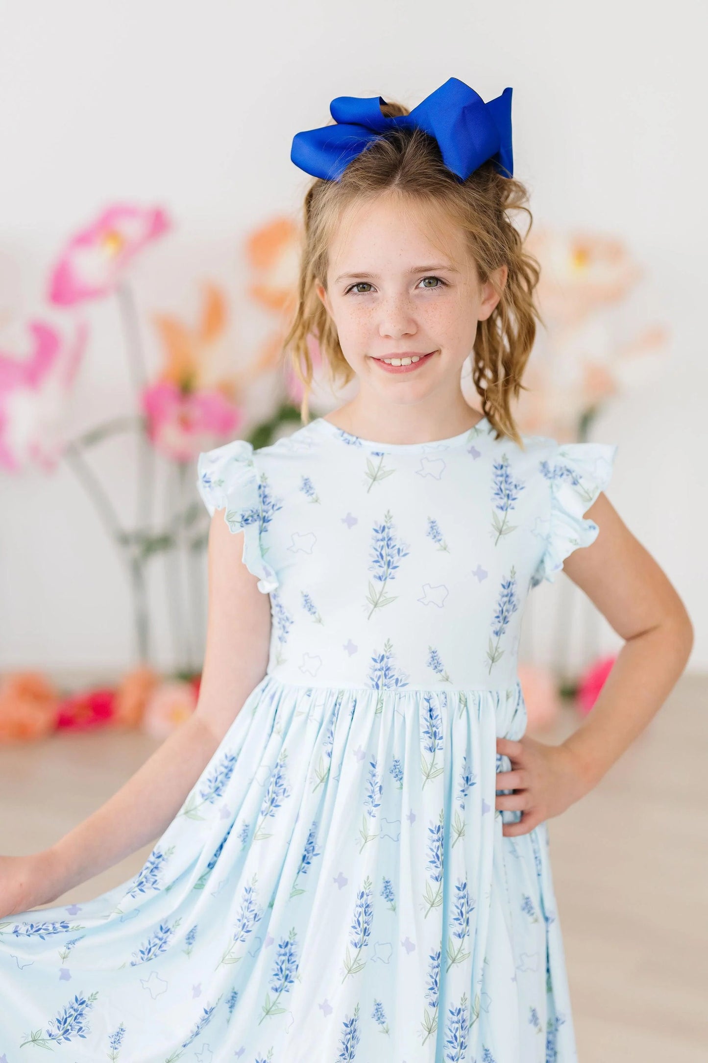 EVIANNA FLUTTER SLEEVE TWIRL DRESS. - TEXAS BLUEBONNETS