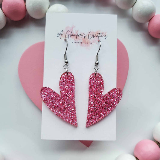 PINK GLITTER WHIMSY HEART EARRINGS
