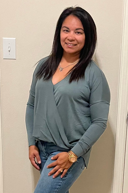 ENTICING ENDEAVORS SURPLICE TOP - GRAY GREEN