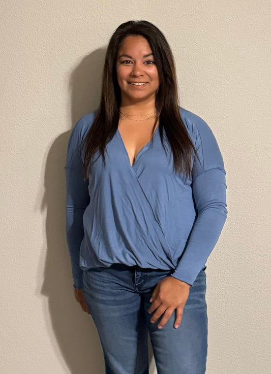 ENTICING ENDEAVORS SURPLICE TOP - GRAY BLUE