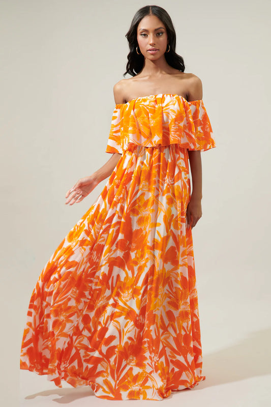 TROPICAL DREAMSICLE ENAMORED OFF THE SHOULDER RUFFLE DRESS