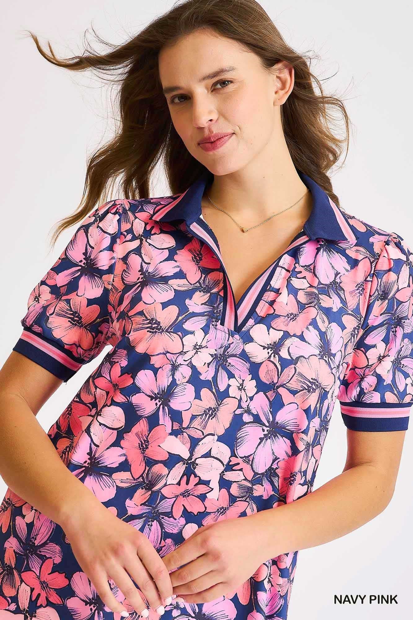 SPORTY FLORALS DRESS - NAVY/PINK