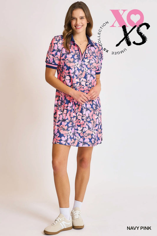 SPORTY FLORALS DRESS - NAVY/PINK