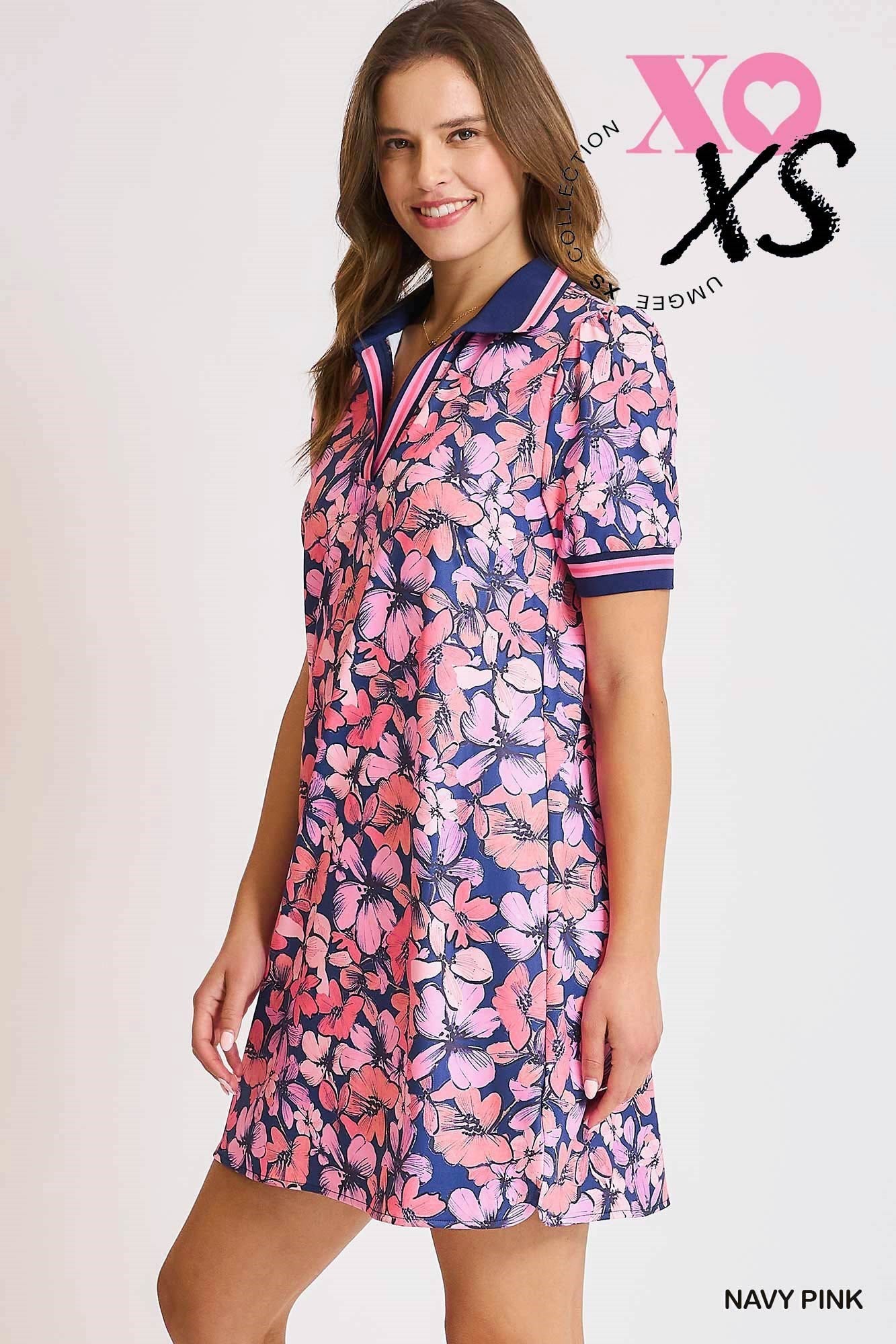 SPORTY FLORALS DRESS - NAVY/PINK