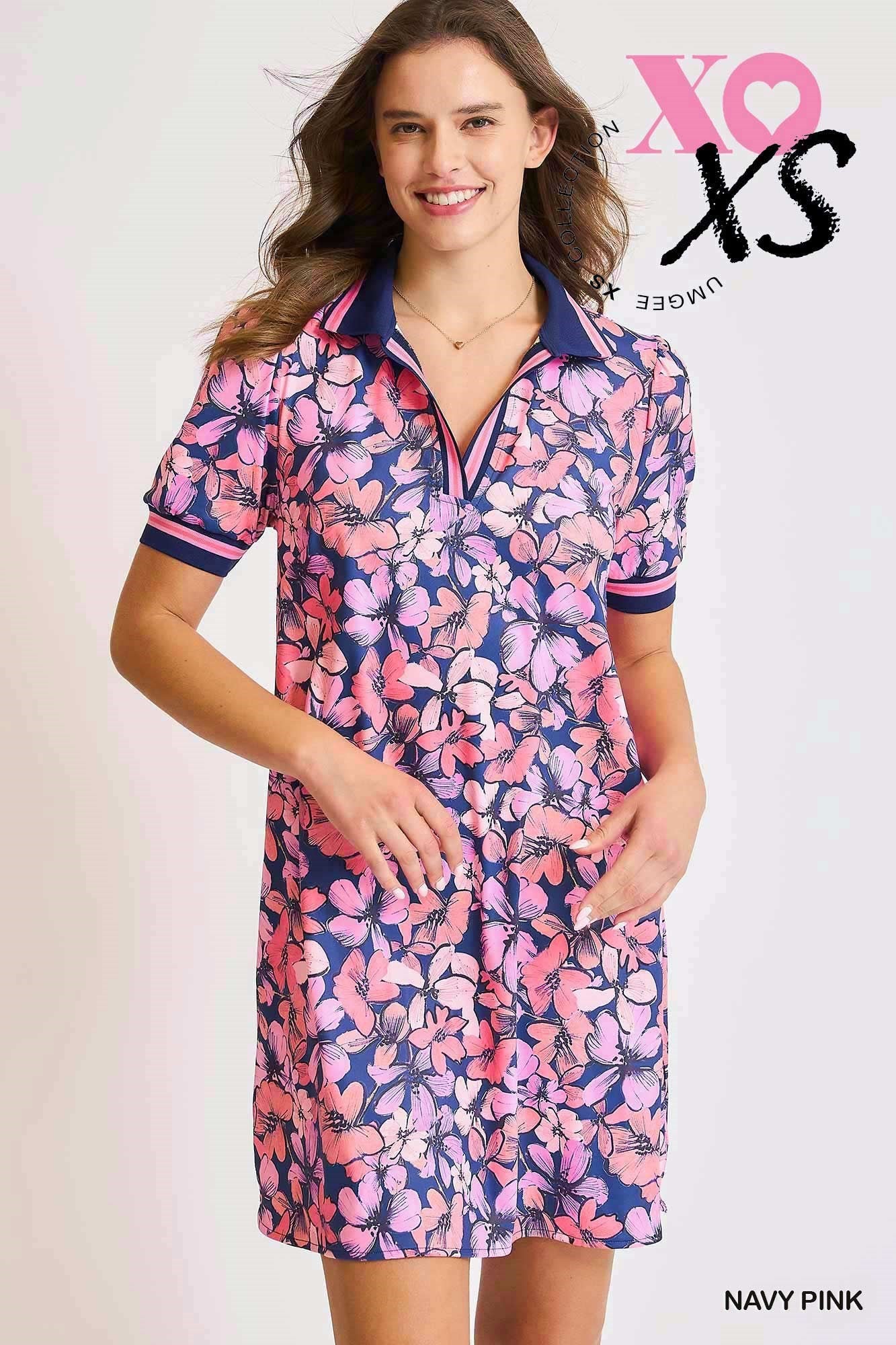 SPORTY FLORALS DRESS - NAVY/PINK