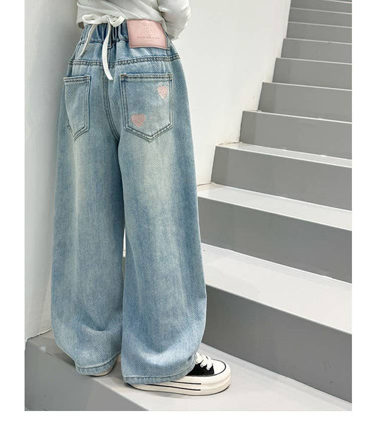 HEART EMBROIDERY WIDE LEG JEANS