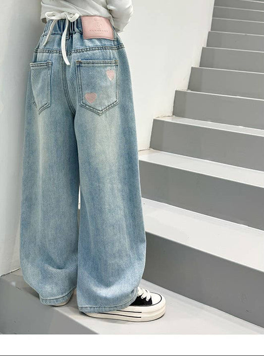 HEART EMBROIDERY WIDE LEG JEANS