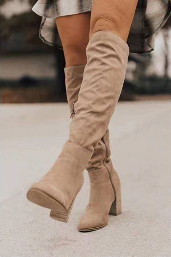 SUEDE CHUNKY HEEL KNIGHT BOOTS - KHAKI