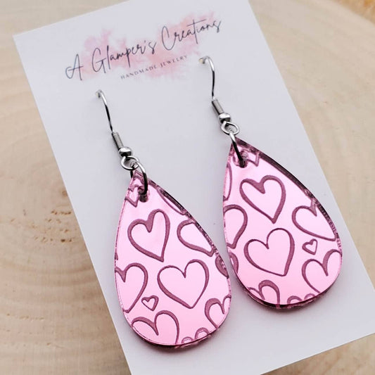 PINK MIRROR HEART TEARDROPS EARRINGS