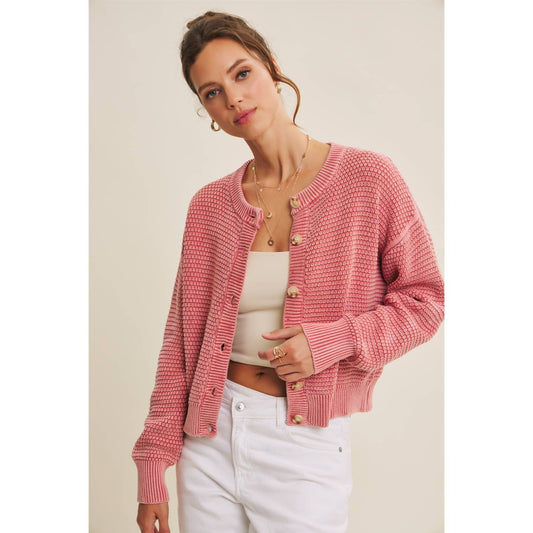 PERFECT FOR ANY SEASON MINERAL-WASHED CABLE KNIT CARDIGAN: PALE MAUVE / S