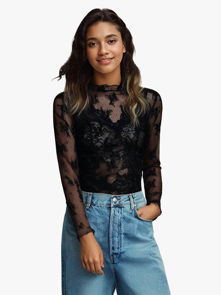 FLORAL LACE TOP - BLACK