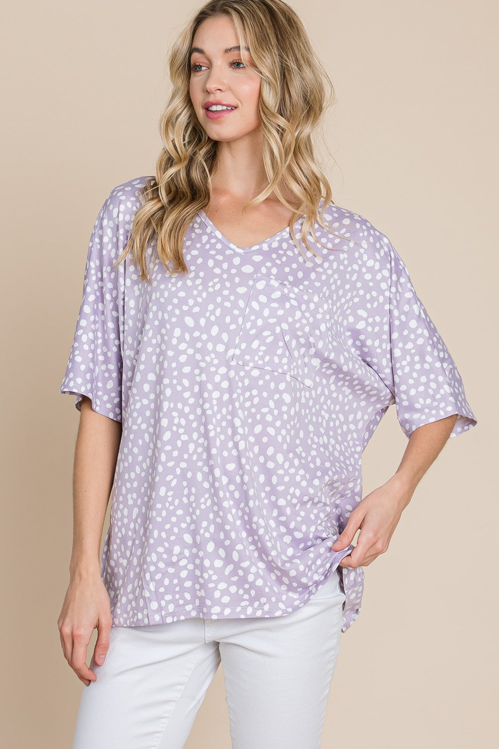 PLUS LEOPARD PRINT V-NECK LOOSE FIT TOP - LAVENDER