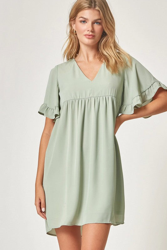 BELL SLEEVED BABYDOLL DRESS - SAGE