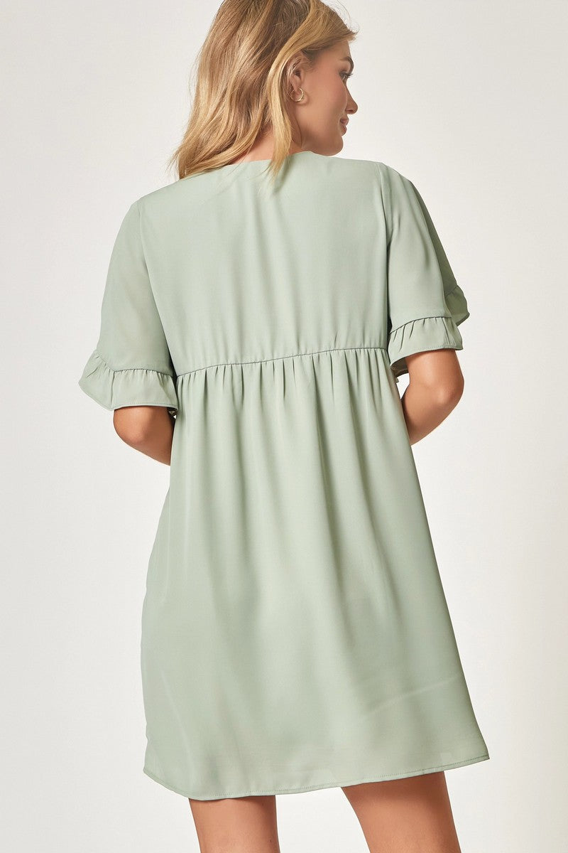 BELL SLEEVED BABYDOLL DRESS - SAGE