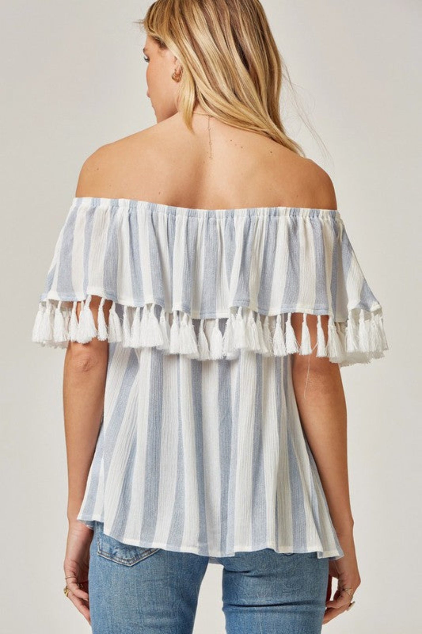 OFF THE SHOULDER STRIPED TASSEL TOP