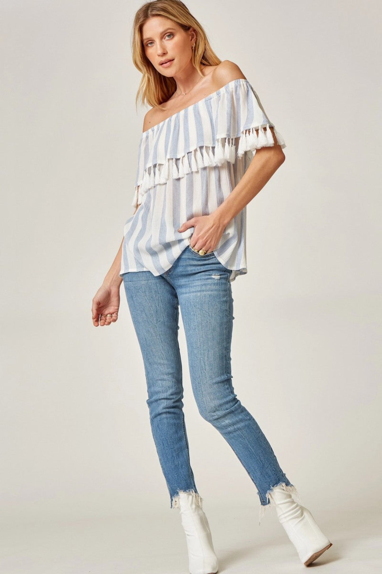 OFF THE SHOULDER STRIPED TASSEL TOP