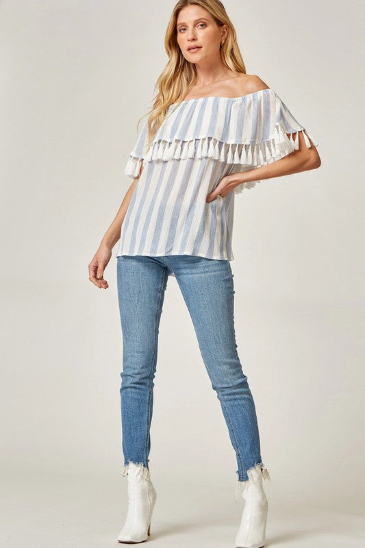 OFF THE SHOULDER STRIPED TASSEL TOP