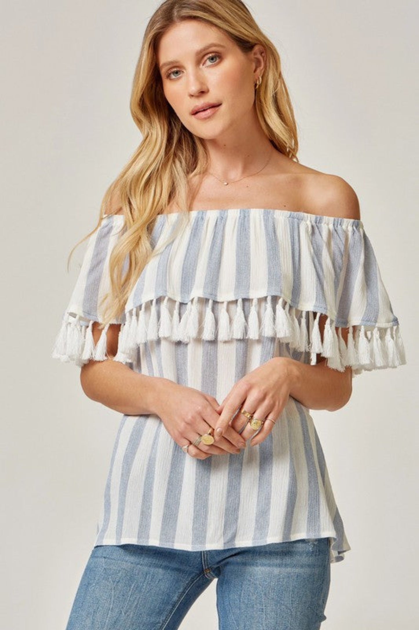 OFF THE SHOULDER STRIPED TASSEL TOP