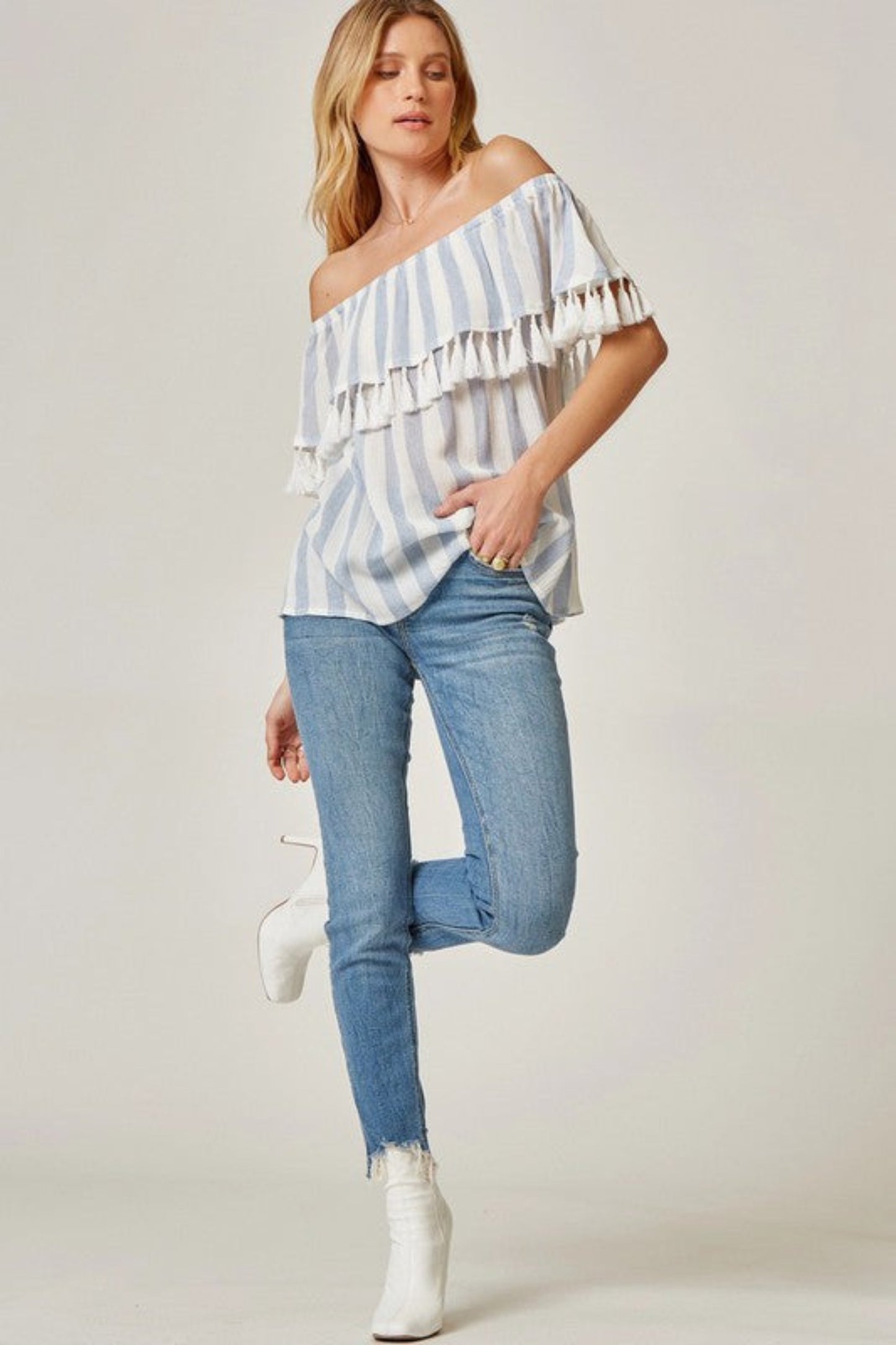 OFF THE SHOULDER STRIPED TASSEL TOP