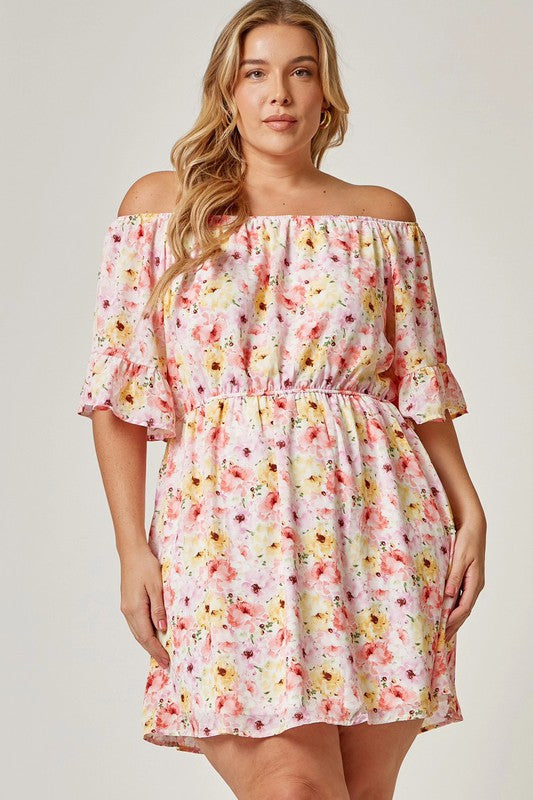 PLUS CHIC FLORAL OFF THE SHOULDER DRESS