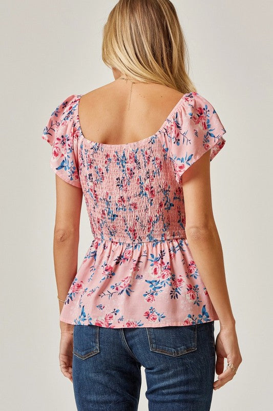 FLORAL PRINTED SMOCKED TOP - PINK