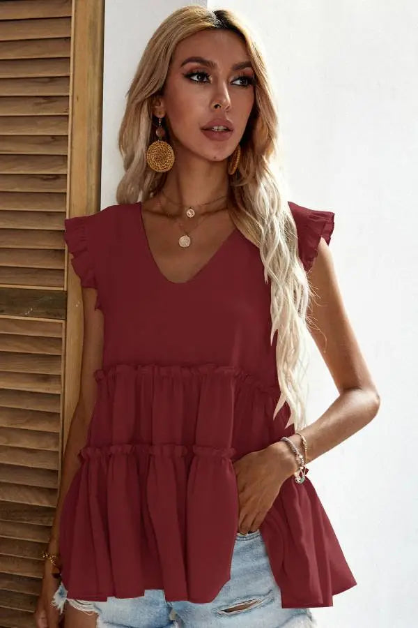 TRIM V-NECK BABYDOLL RUFFLED TANK TOP