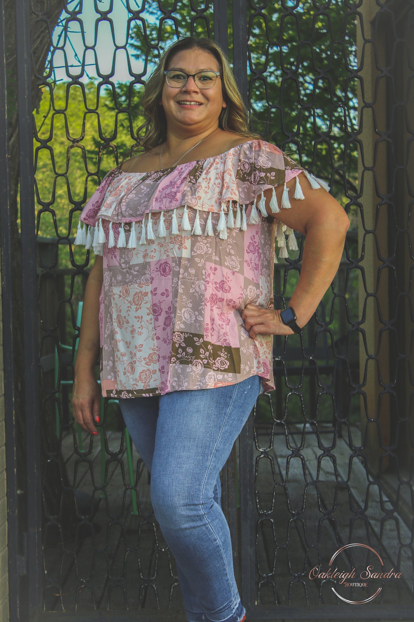 PLUS OFF THE SHOULDER TASSEL TOP