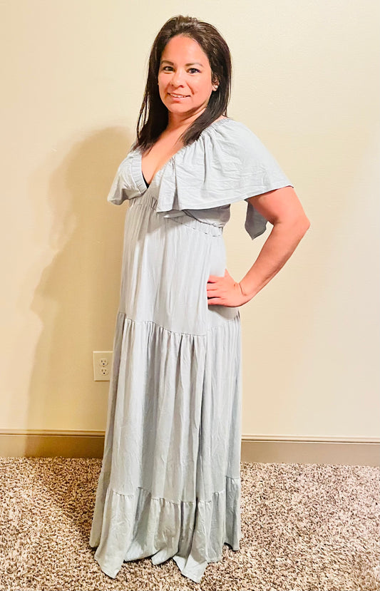 ON REPEAT OPEN BACK RUFFLE MAXI DRESS - SEAFOAM