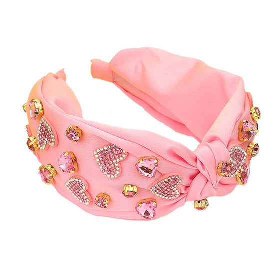 HEART EMBELLISHED KNOT HEADBAND - PINK