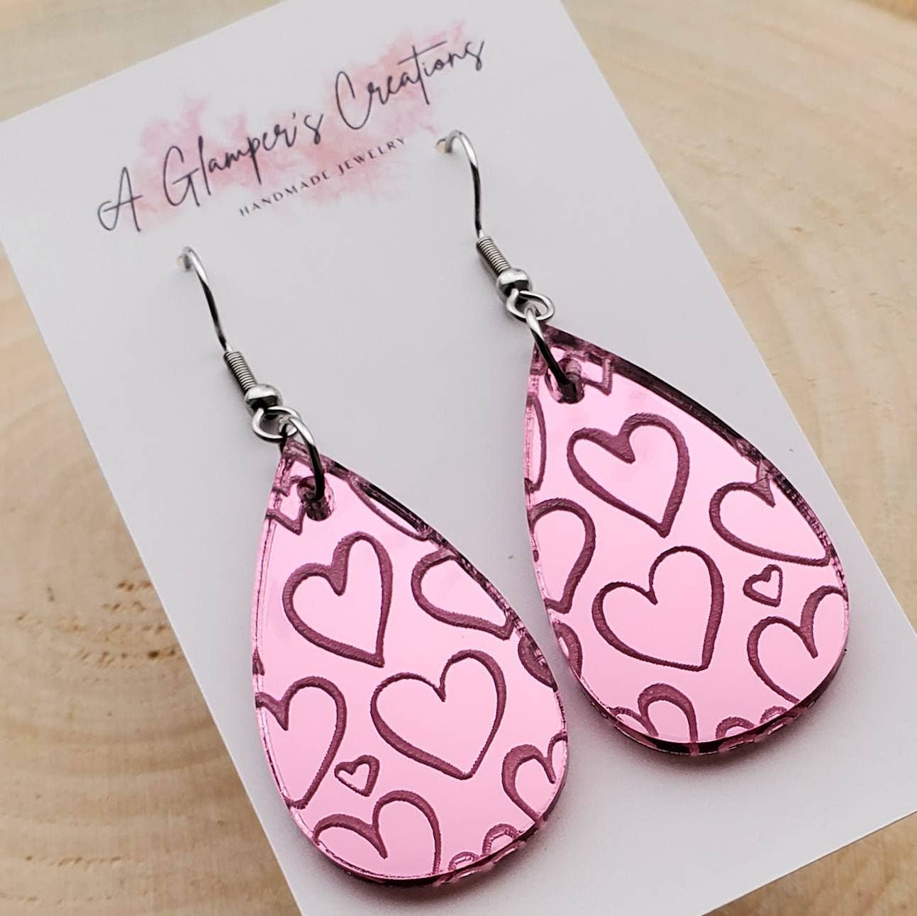 PINK MIRROR HEART TEARDROPS EARRINGS