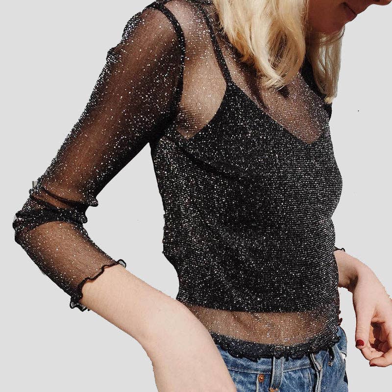 GLITTERY SHEER CROP TOP - BLACK