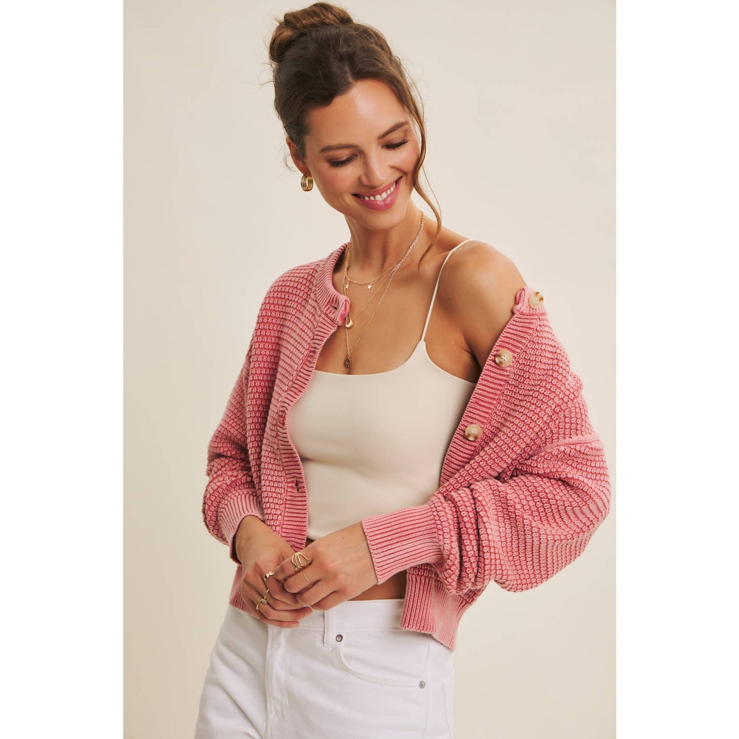 PERFECT FOR ANY SEASON MINERAL-WASHED CABLE KNIT CARDIGAN: PALE MAUVE / S