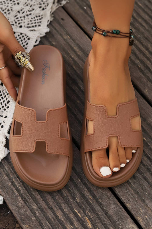CUTOUT DESIGN OPEN TOE PLATFORM SANDALS - CHESTNUT