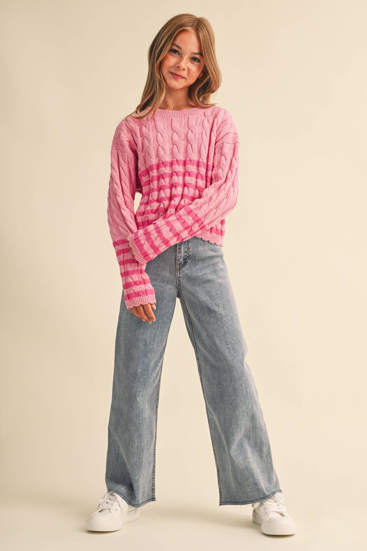 TWEEN GIRLS KIDS CABLE KNIT BOXY CROPPED PULLOVER (7/14): Pink / 11/12