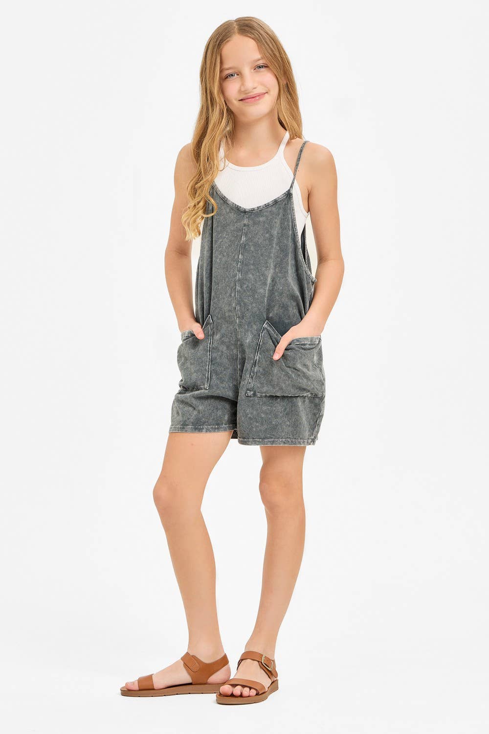 Two Pocket Mineral Wash Overall Romper / Onesie: Denim Blue / XL