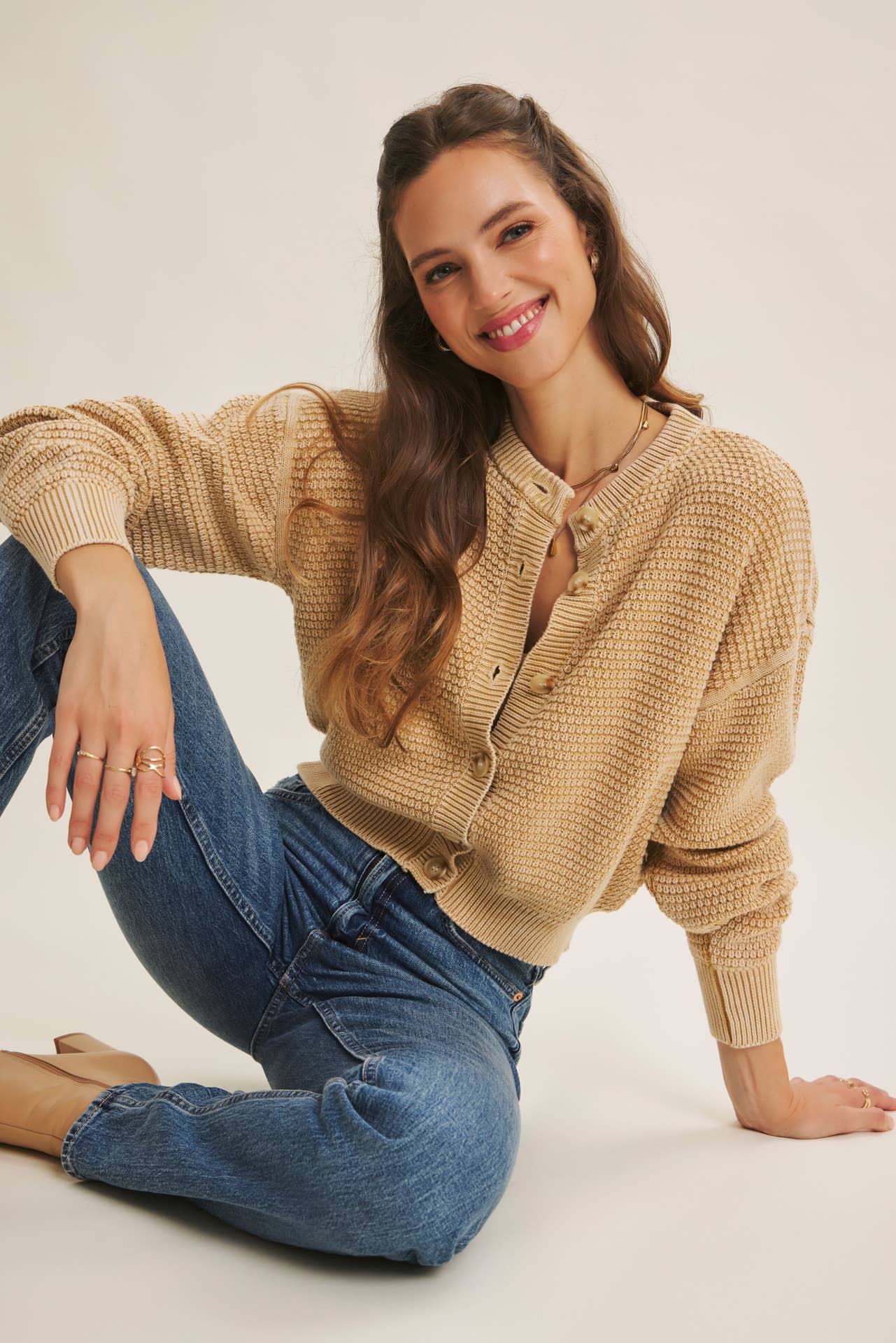 PERFECT FOR ANY SEASON MINERAL-WASHED CABLE KNIT CARDIGAN: PALE MAUVE / S