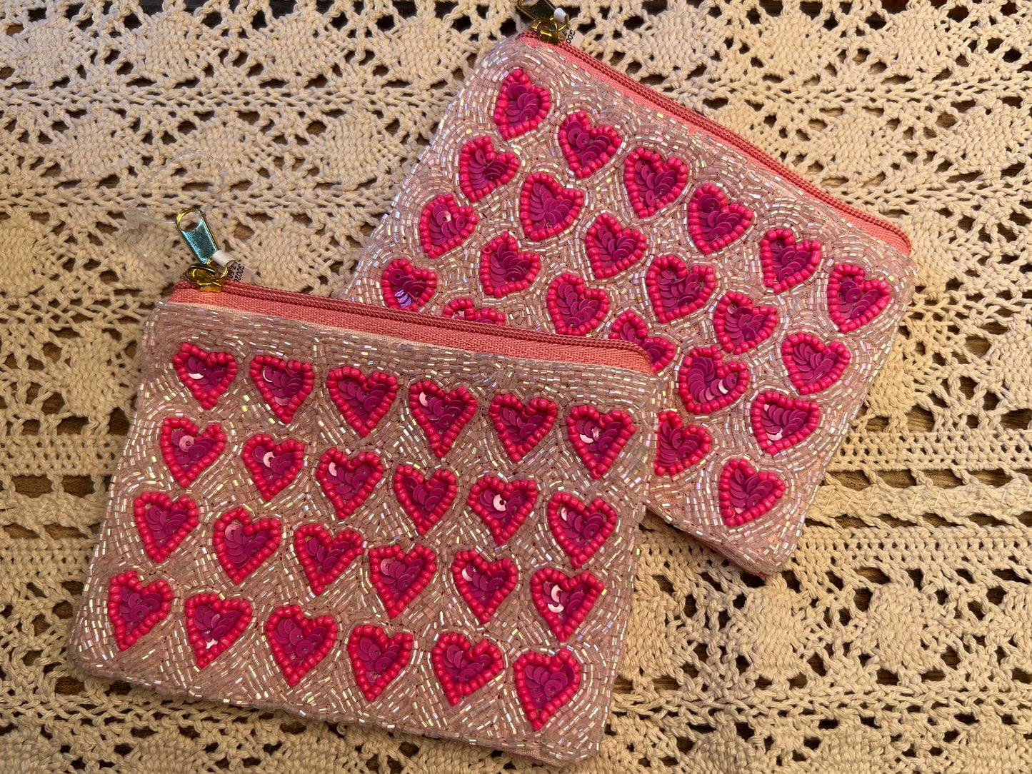 PINK HEARTS BEADED COIN PURSE