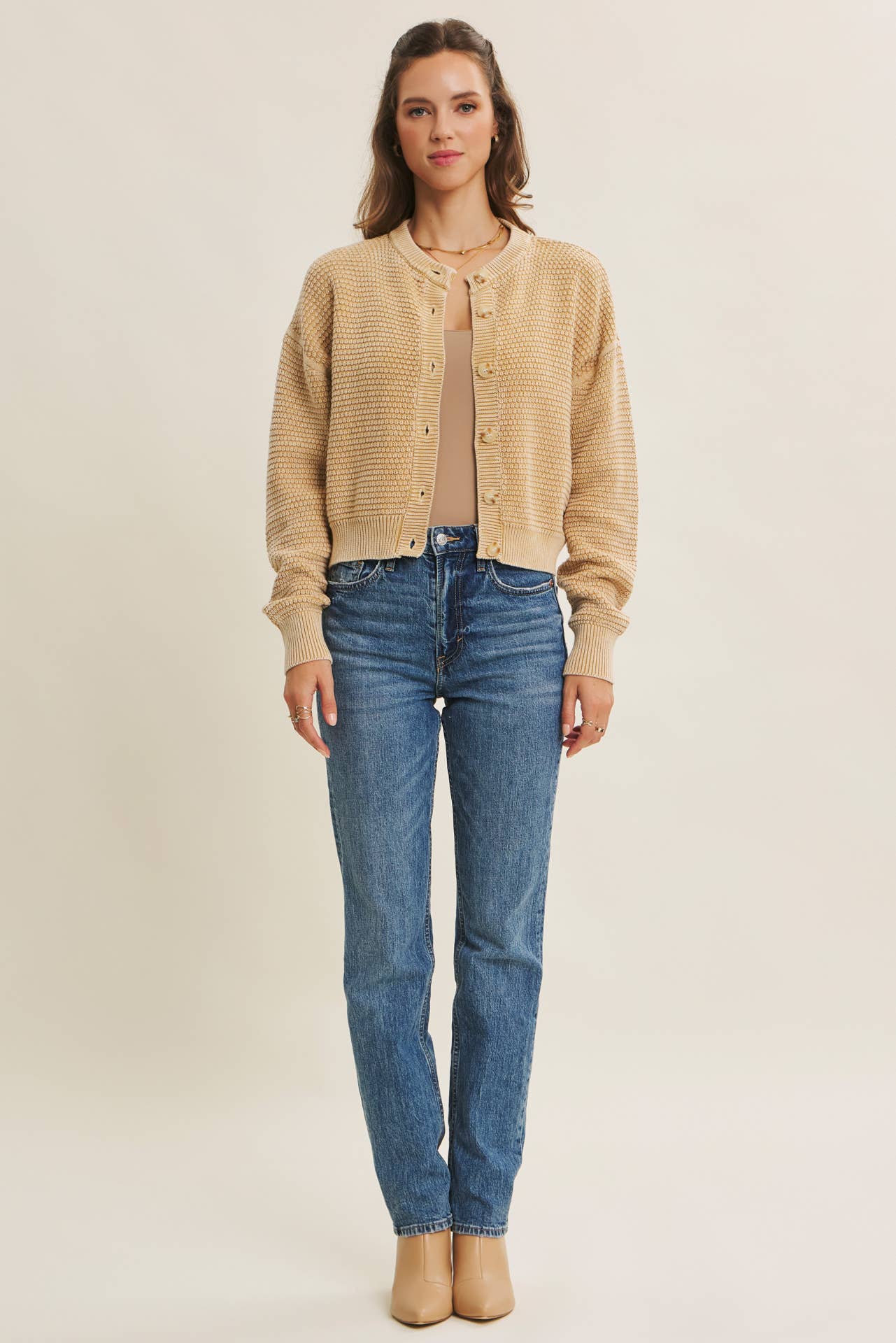 PERFECT FOR ANY SEASON MINERAL-WASHED CABLE KNIT CARDIGAN: PALE MAUVE / S