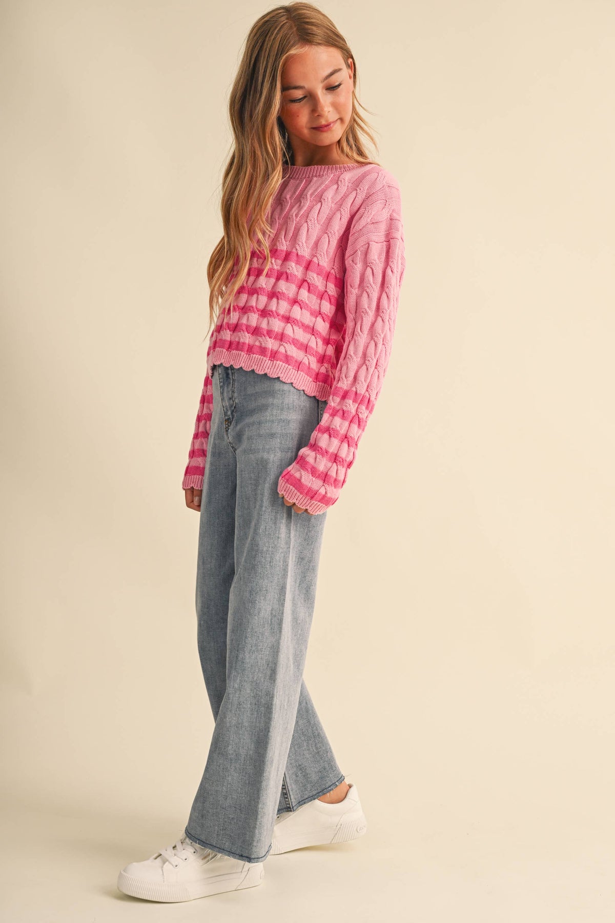 TWEEN GIRLS KIDS CABLE KNIT BOXY CROPPED PULLOVER (7/14): Pink / 7/8