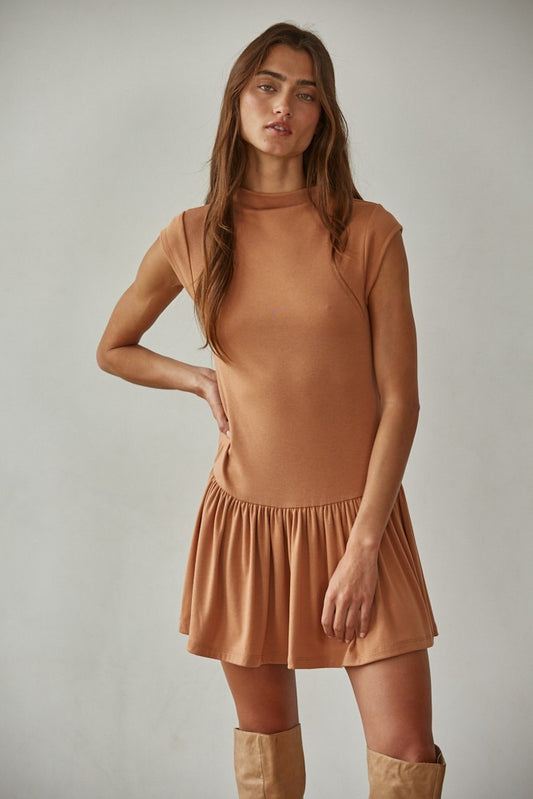 HARLOWE MOCK FLARE MINI DRESS - CAMEL