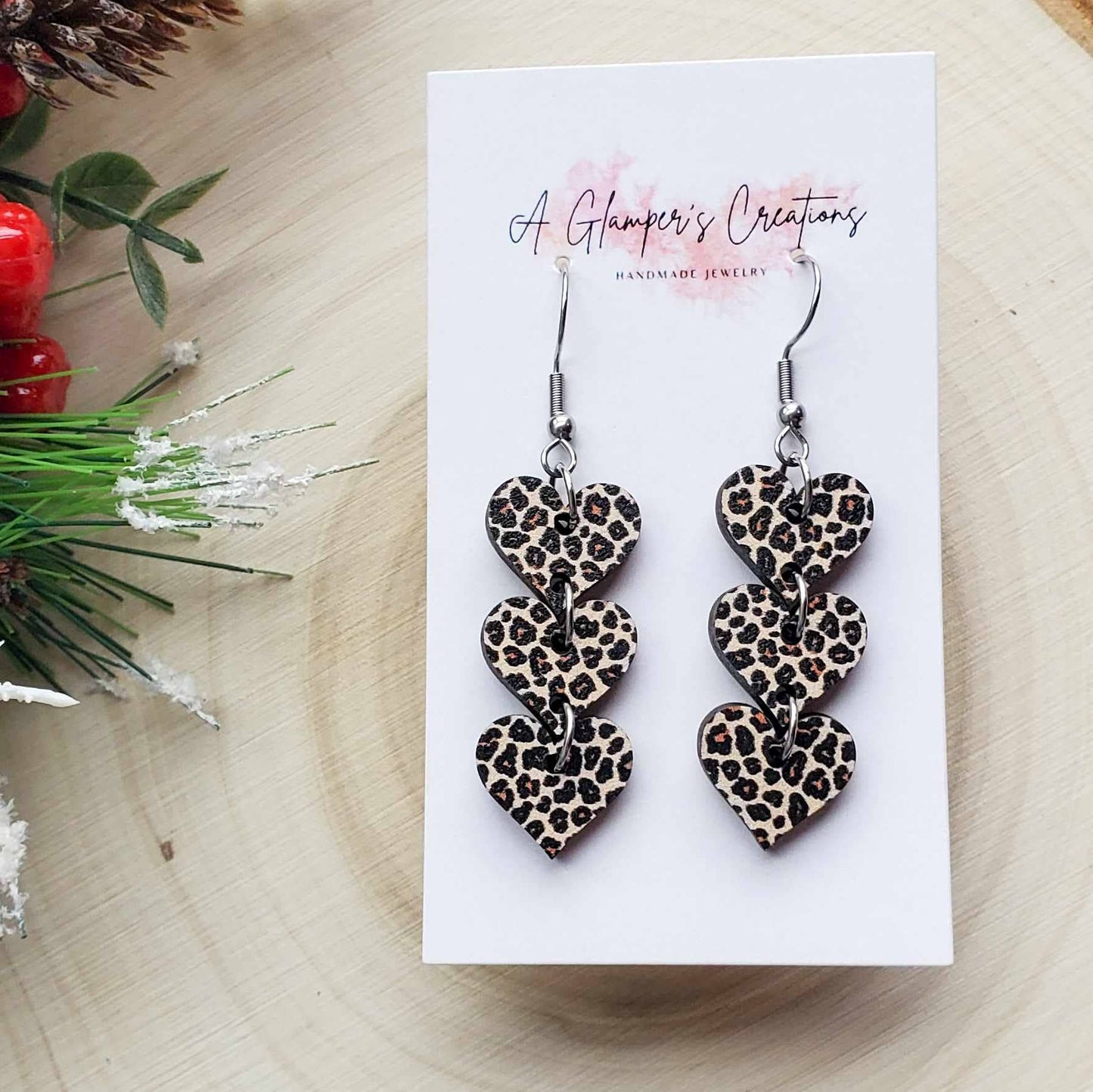 LEOPARD PRINTED TRIPLE HEART DANGLE EARRINGS