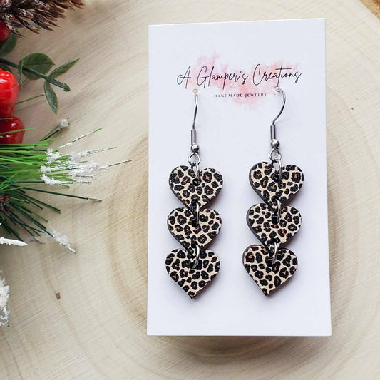 LEOPARD PRINTED TRIPLE HEART DANGLE EARRINGS