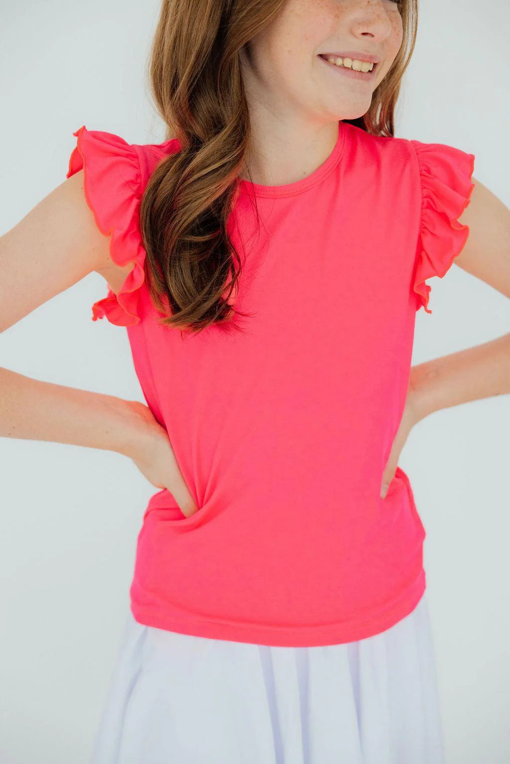 ELLA RUFFLE TEE - NEON PINK